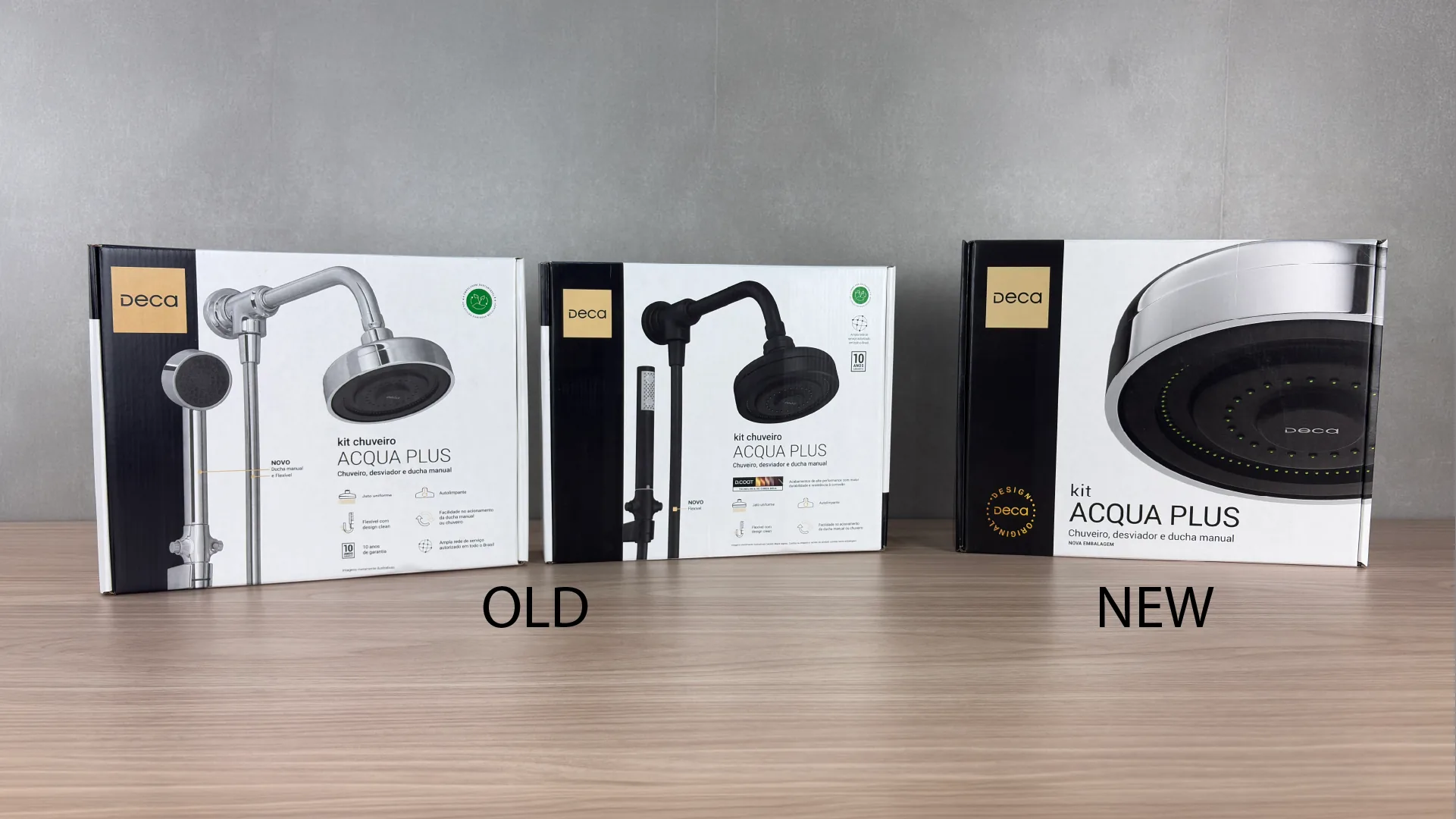 Comparison on the counter: the two old packs (one for the chrome model, one for the colour model) next to the new single pack.