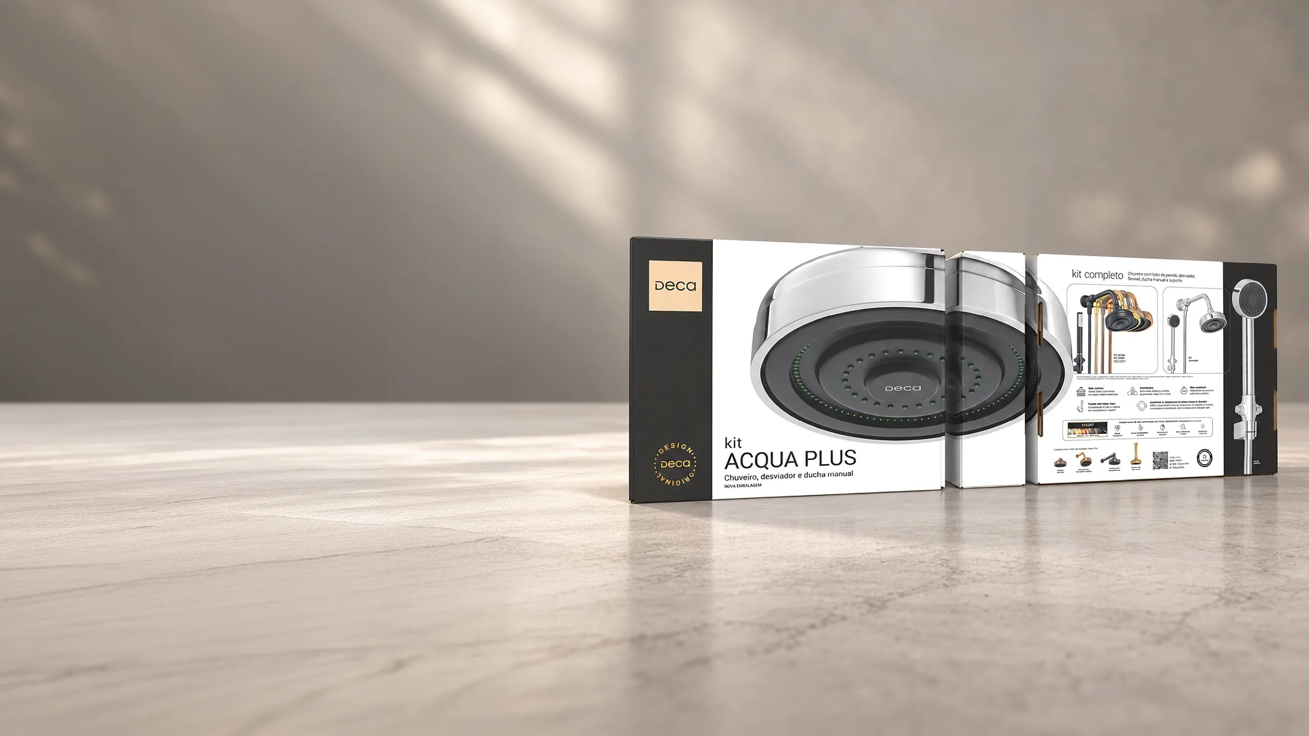 Acqua Plus kit packaging on a marble floor, with the shower head featured on the front panel and the full kit on the side.