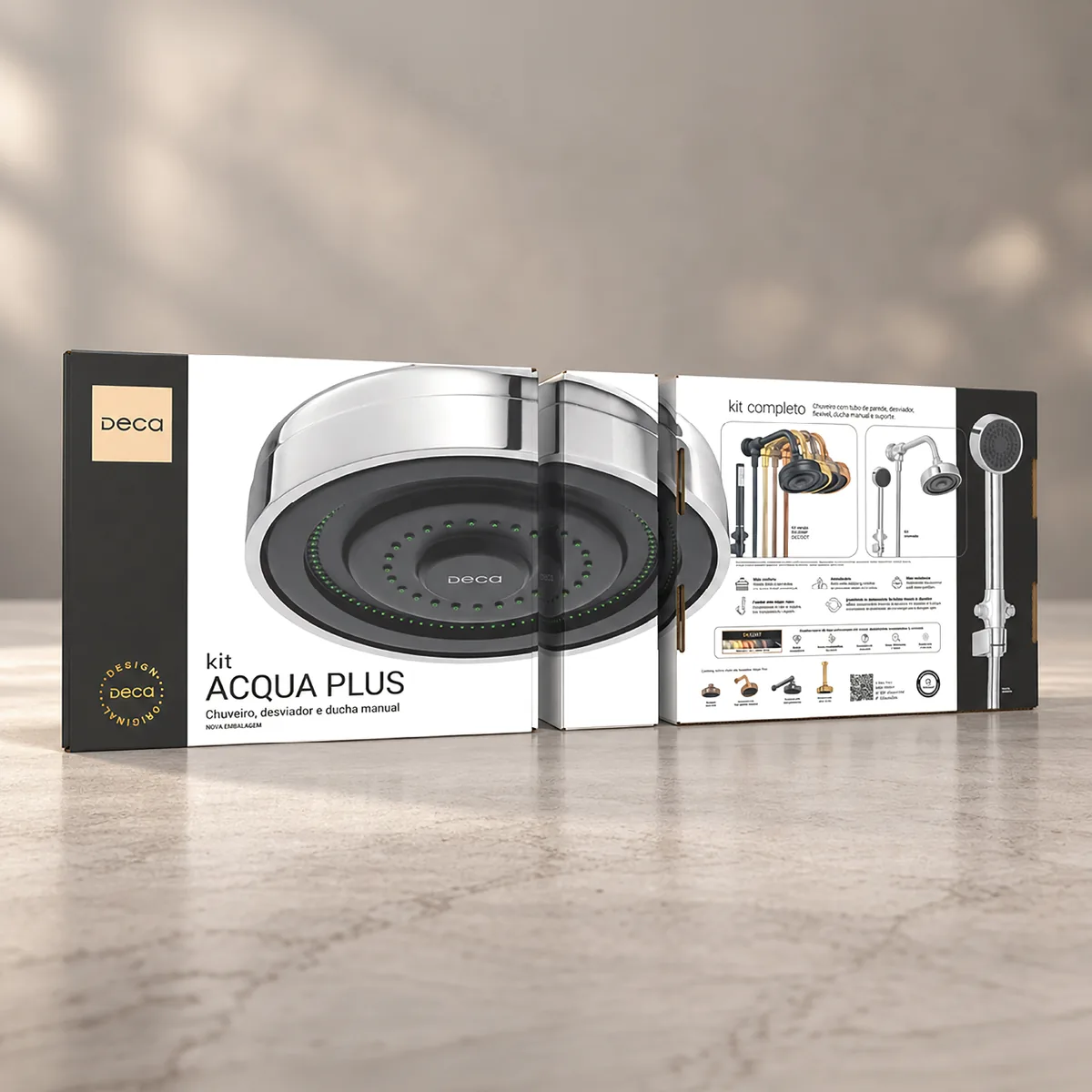 Acqua Plus kit packaging with the oversized showerhead on the front panel.