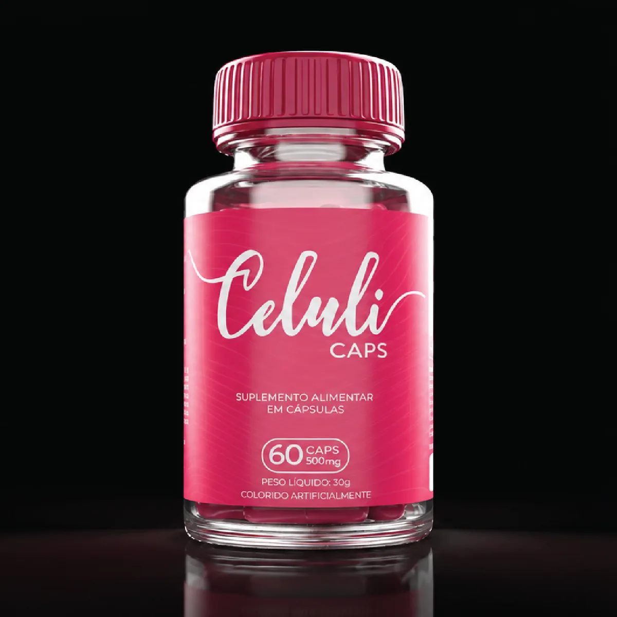 Celuli Caps bottle with a pink label against a black background.