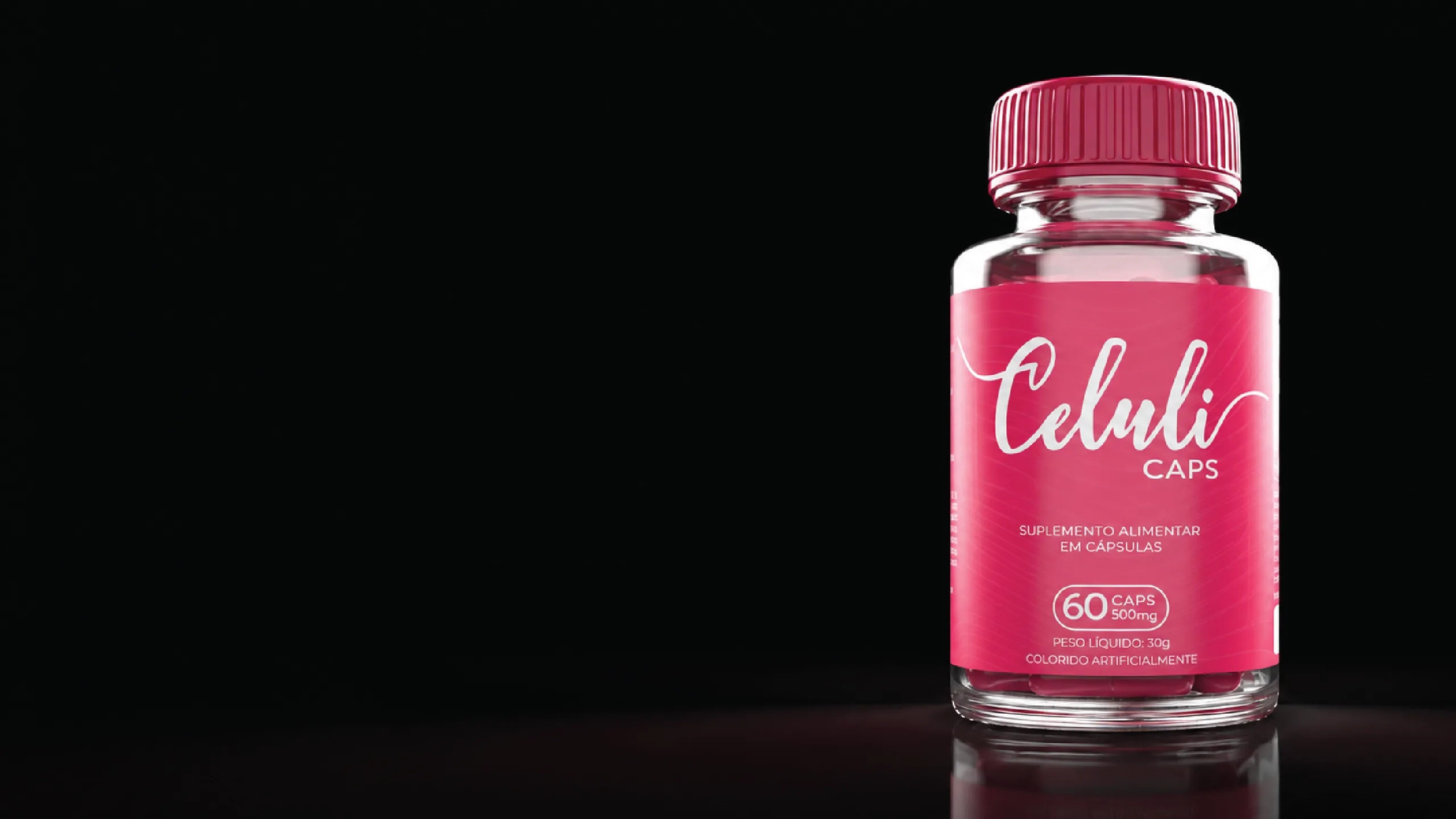 Transparent Celuli Caps bottle with a pink label and a handwritten logotype in silver, isolated against a black background.