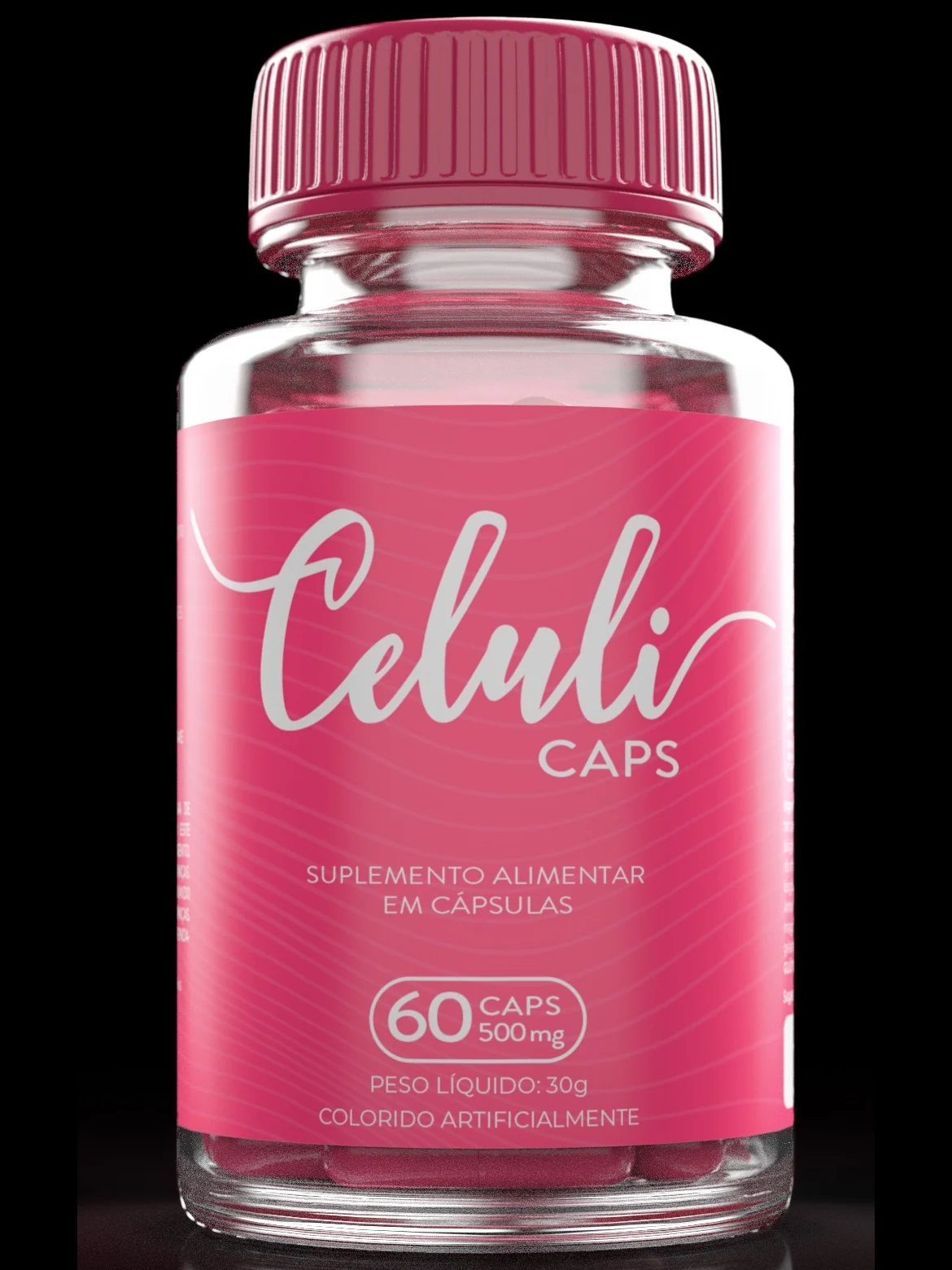 Celuli Caps Dose im Detail: rosafarbenes Etikett mit handgeschriebener Wortmarke in Silber, der Bezeichnung Nahrungsergänzungsmittel und dem Siegel 60 Kapseln à 500 mg.