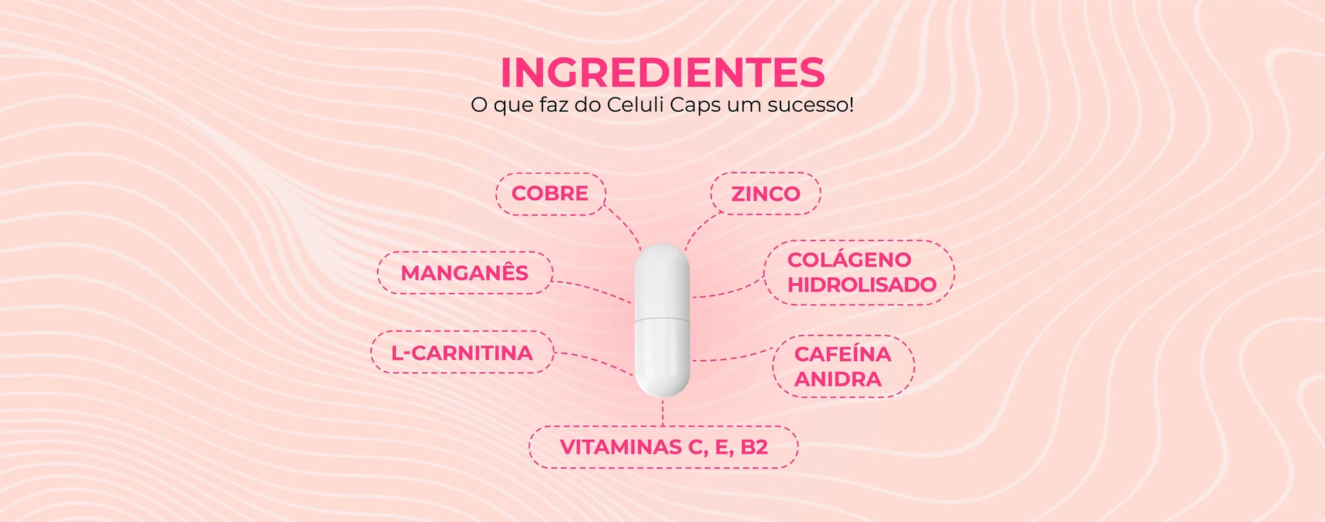 Anzeige zur Celuli Caps Formel: eine Kapsel in der Mitte, die Inhaltsstoffe durch gestrichelte Linien verbunden: hydrolysiertes Kollagen, L-Carnitin, wasserfreies Koffein, Zink, Kupfer, Mangan und die Vitamine C, E und B2.