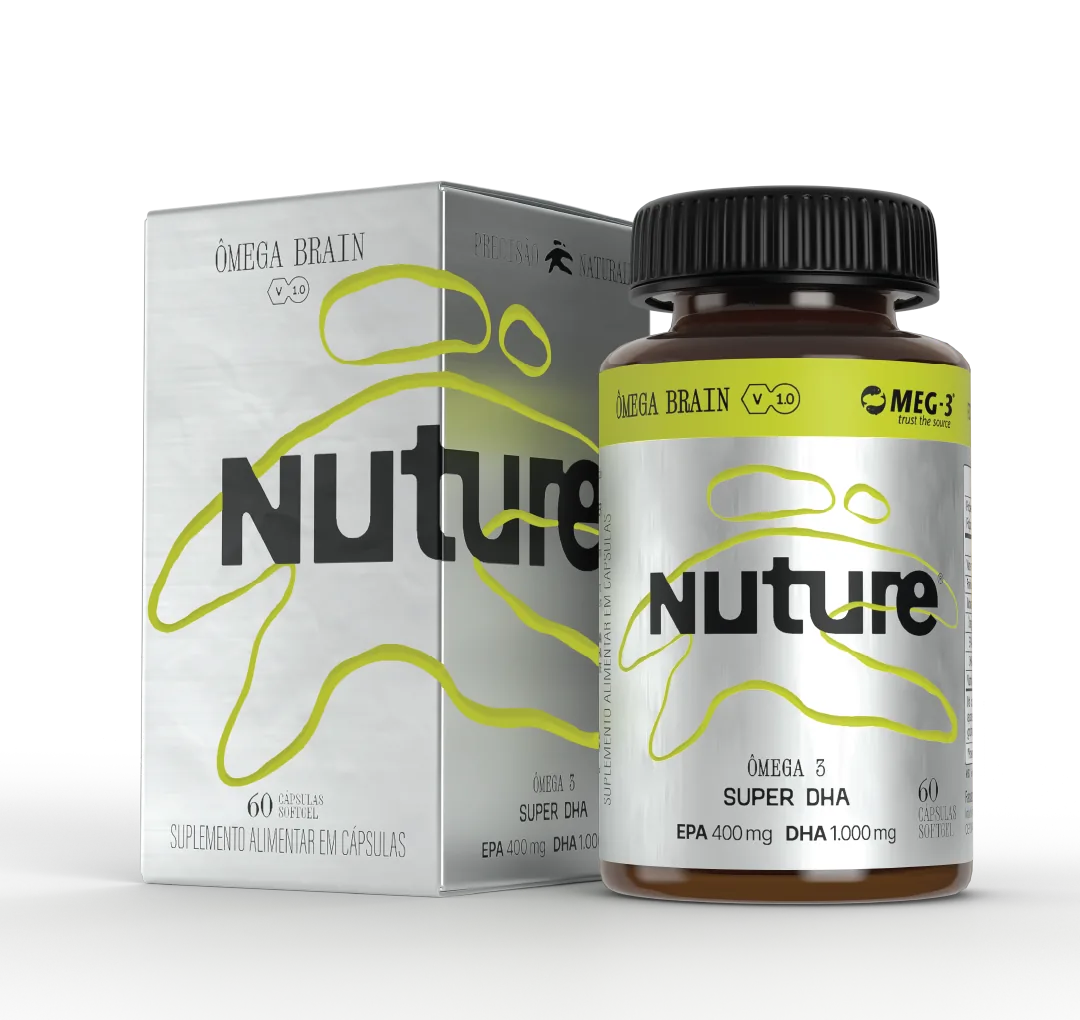 Cartucho metalizado e frasco âmbar do Nuture Ômega Brain, 60 cápsulas softgel, lado a lado.