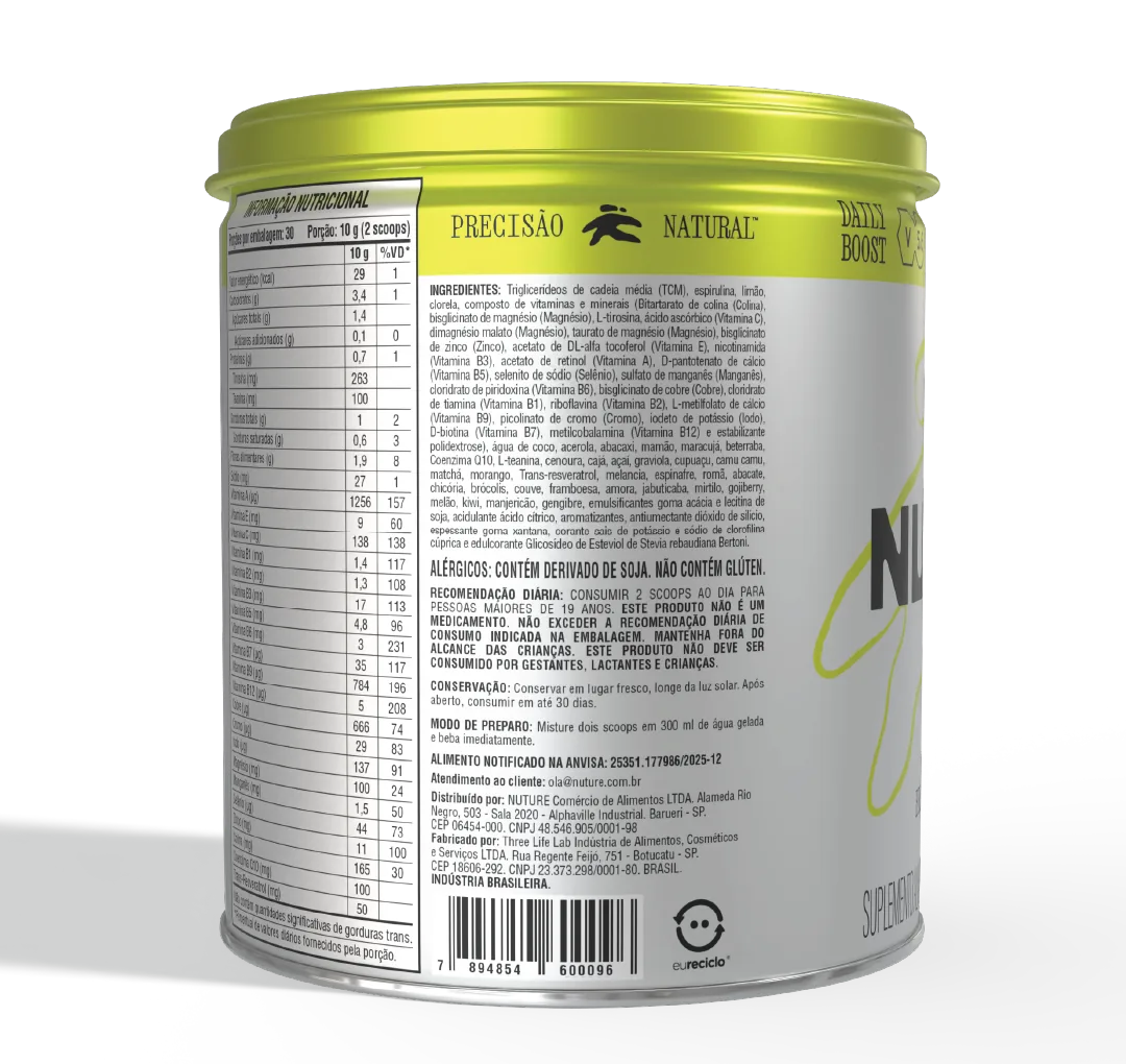 Verso da lata de 300 g com a tabela de informação nutricional, a lista de ingredientes, o alerta de alérgicos, o modo de preparo e o número de notificação na ANVISA.