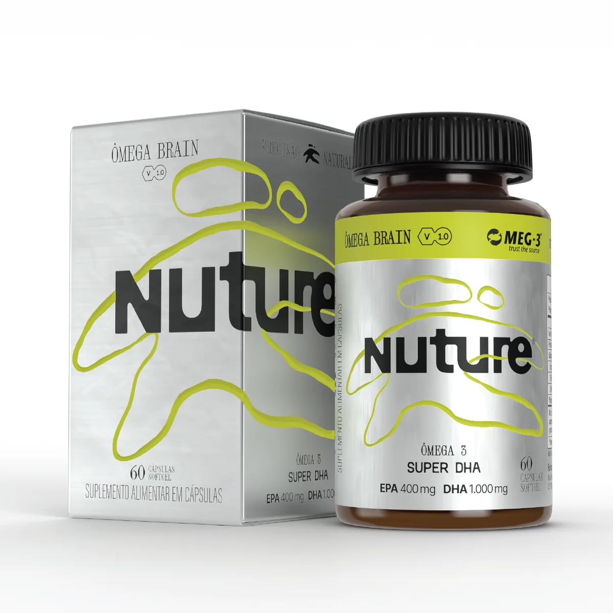 Bottle and carton of the Nuture Ômega Brain, with the black logotype and the lime-yellow graphic on a metallic background.