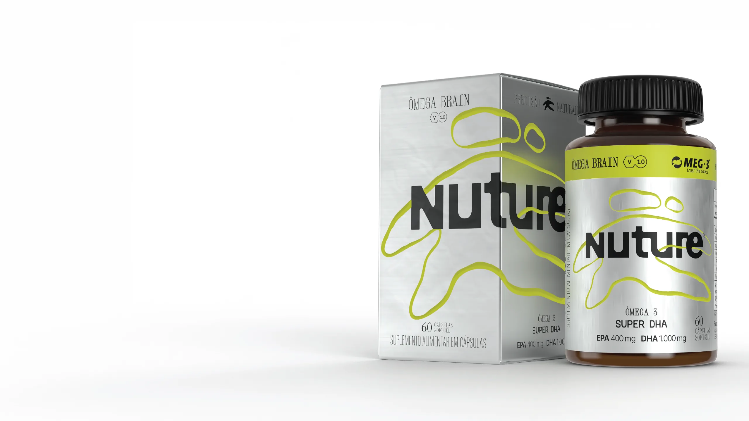 Frasco âmbar e cartucho metalizado do Ômega Brain da Nuture sobre fundo branco, com o logotipo preto e o grafismo amarelo-limão da marca.