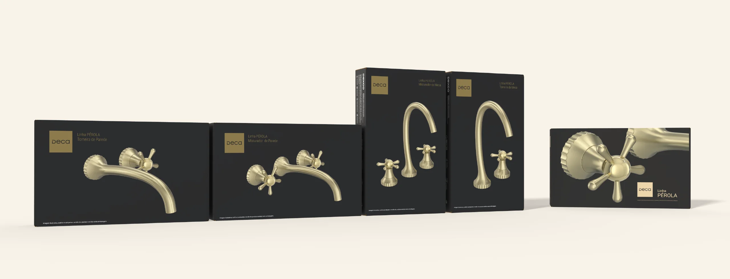 The Pérola line cases side by side (wall-mounted tap, wall-mounted mixer, deck-mounted mixer and deck-mounted tap), each product in its own packaging format.