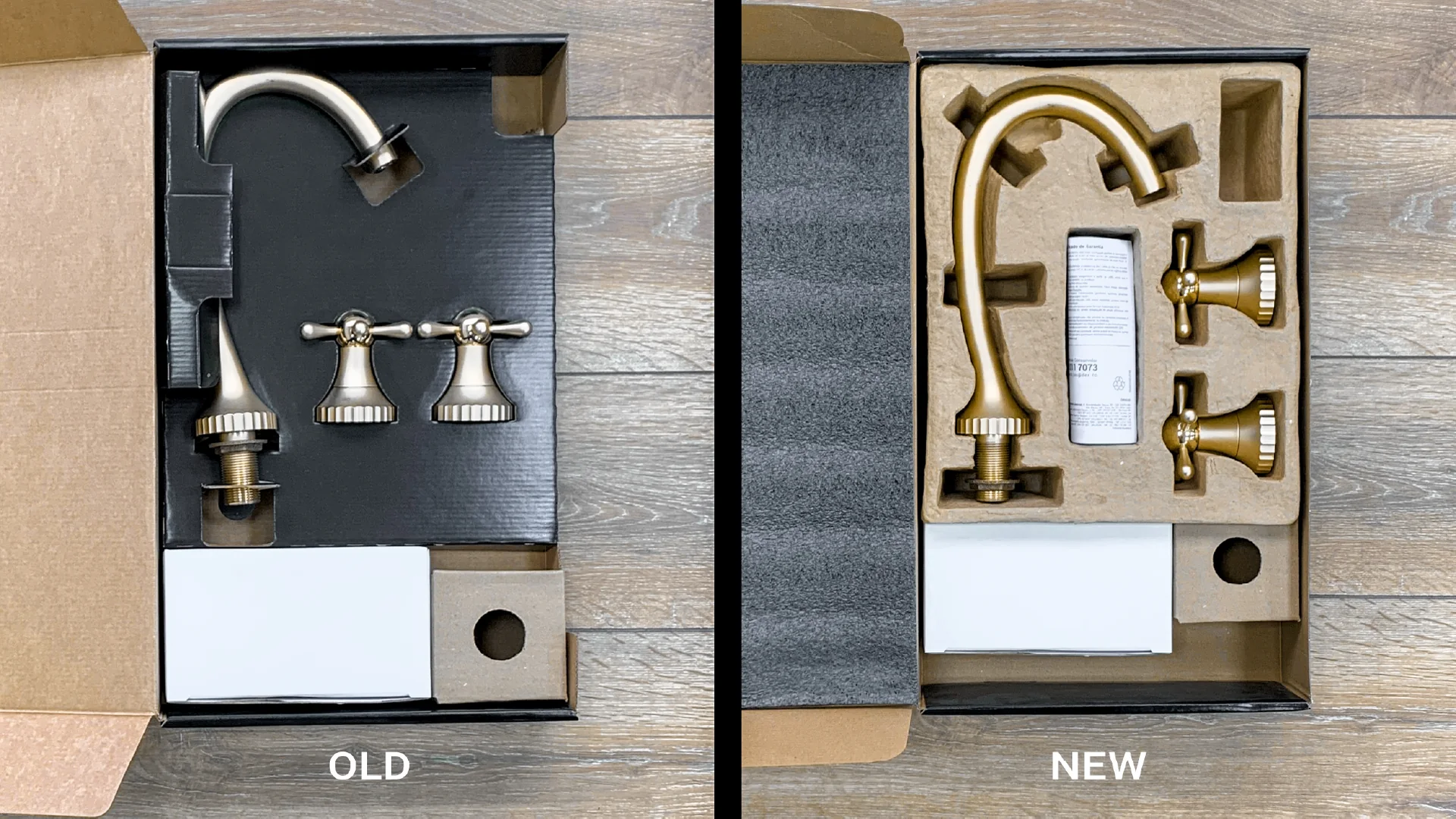 Real photo of the two boxes open side by side: the old pack with its paperboard tray and the new one with its moulded pulp tray.