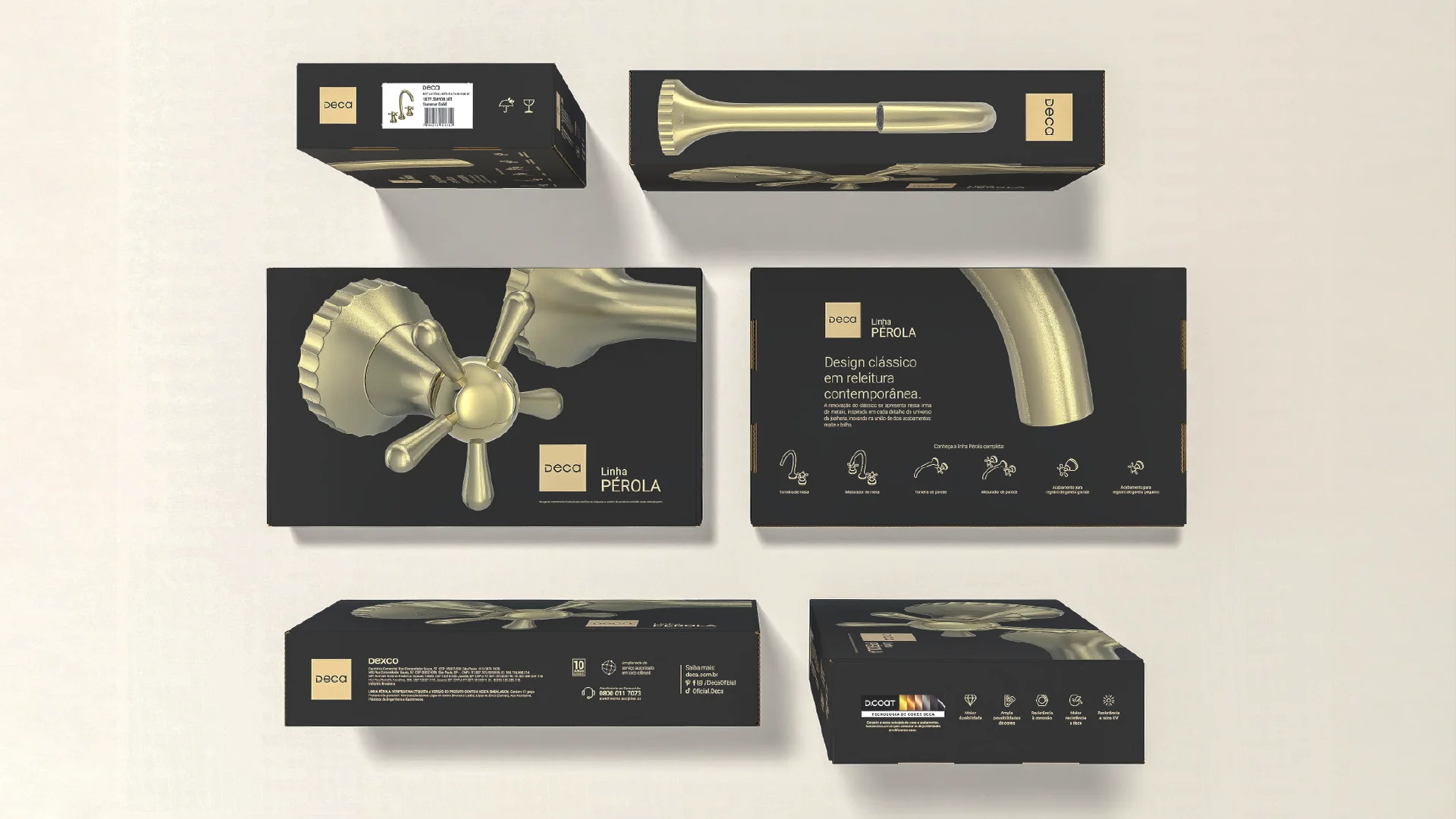 The panels of the Pérola universal box laid flat: lid, sides, base and information panel, in black and gold.