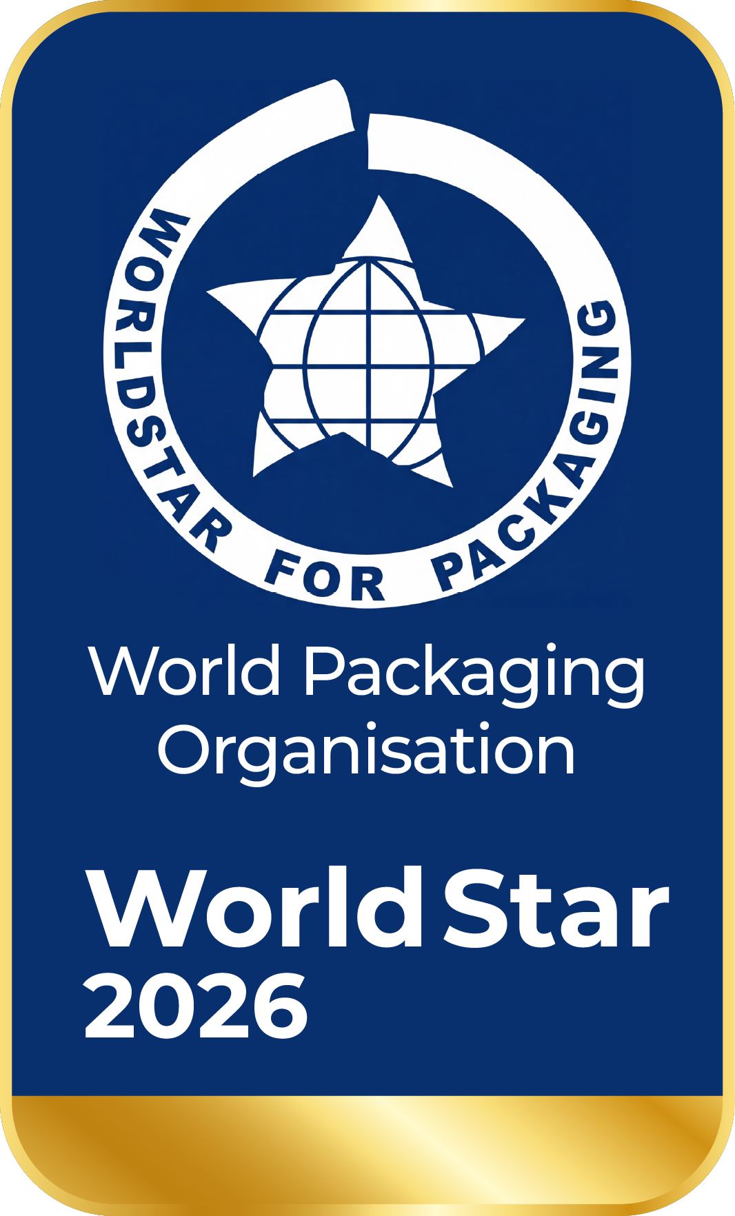 WorldStar 2026 seal from the World Packaging Organisation, with a gold frame.