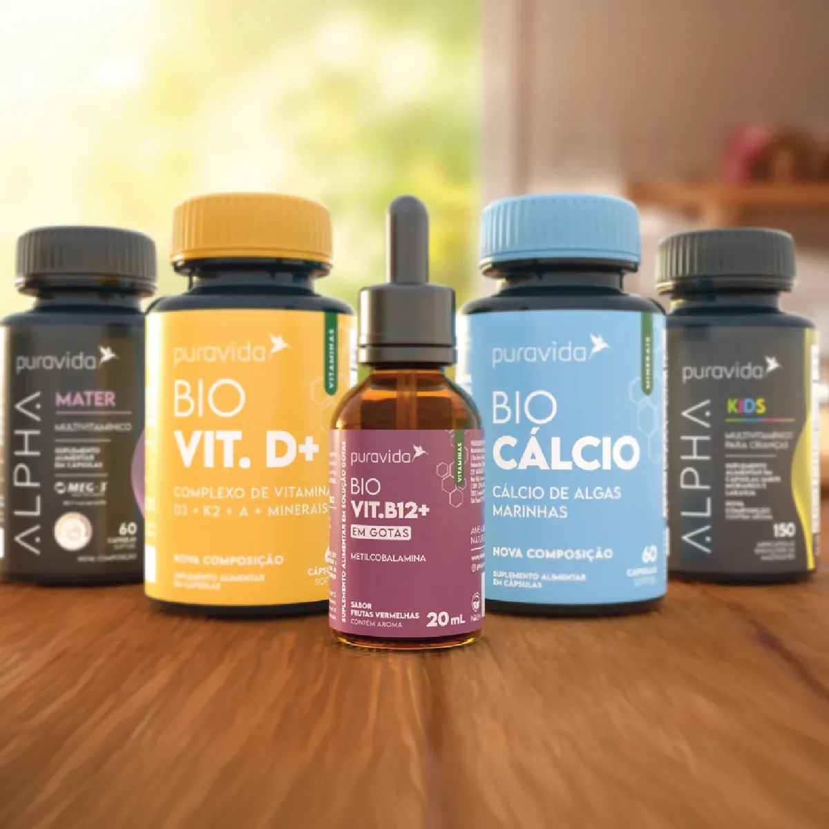 Five products from the Nestlé Puravida supplement line side by side on a kitchen worktop. Project cover.