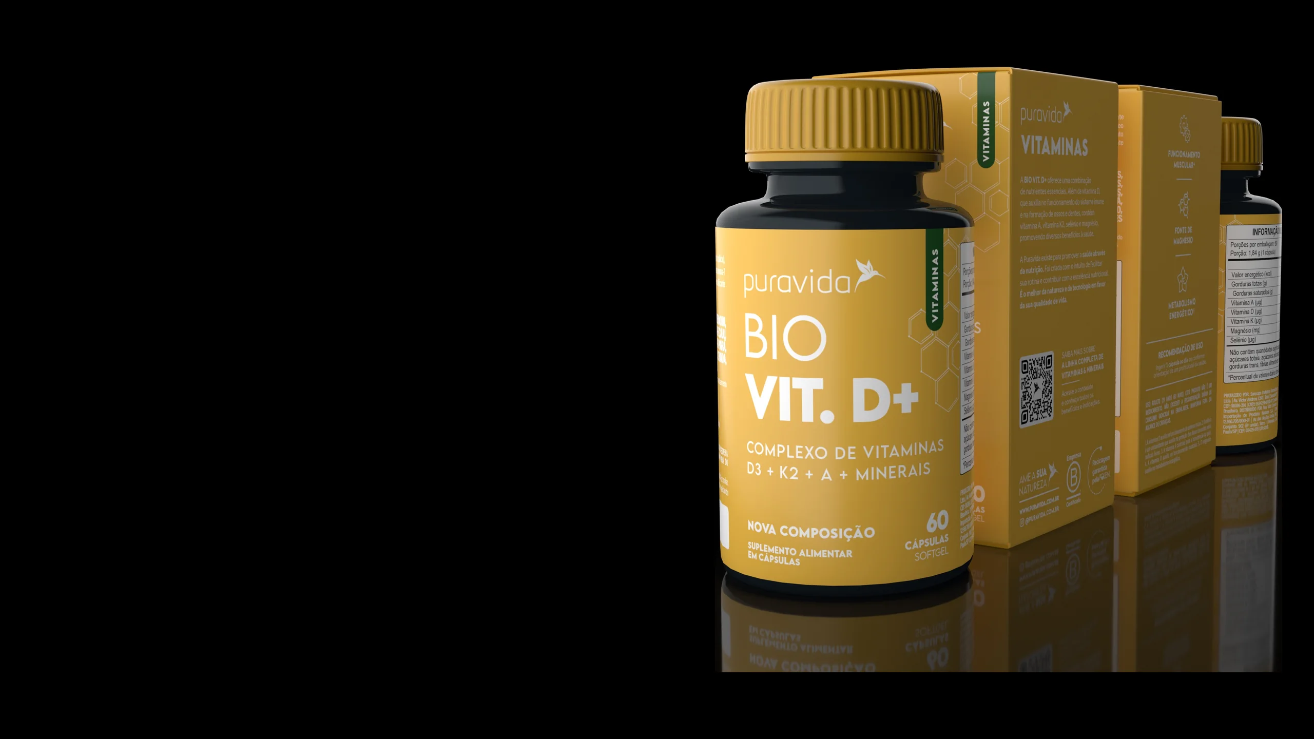 Bottle and carton of Puravida Bio Vit. D+ in yellow against a black background, with the green side band for the Vitamins category.