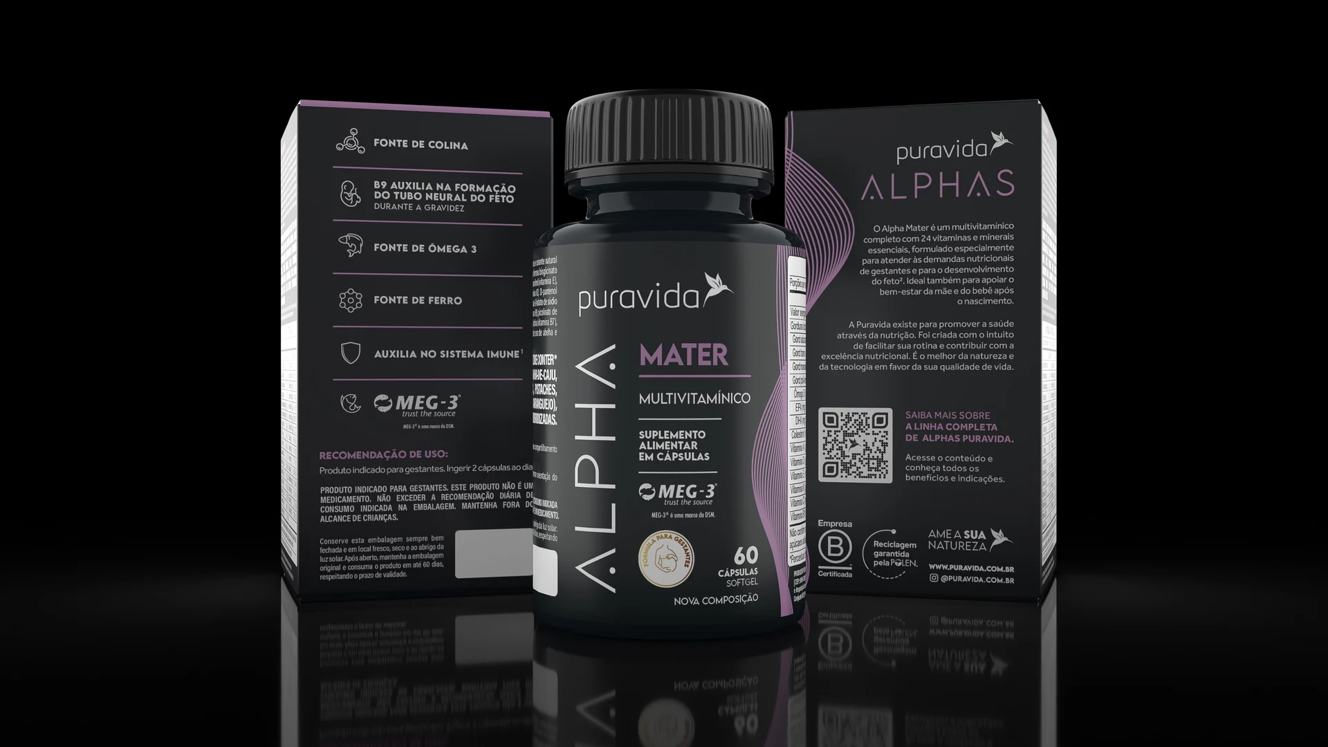 Bottle and cartons of Puravida Alpha Mater in black and lilac, with the benefit icons on the side panel.