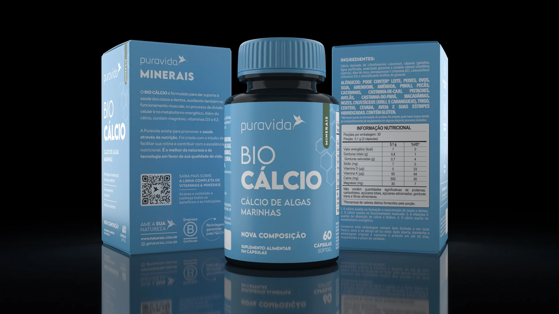 Bottle and cartons of Puravida Bio Cálcio in blue, with the green side band for the Minerals category and the nutrition table on the back panel.