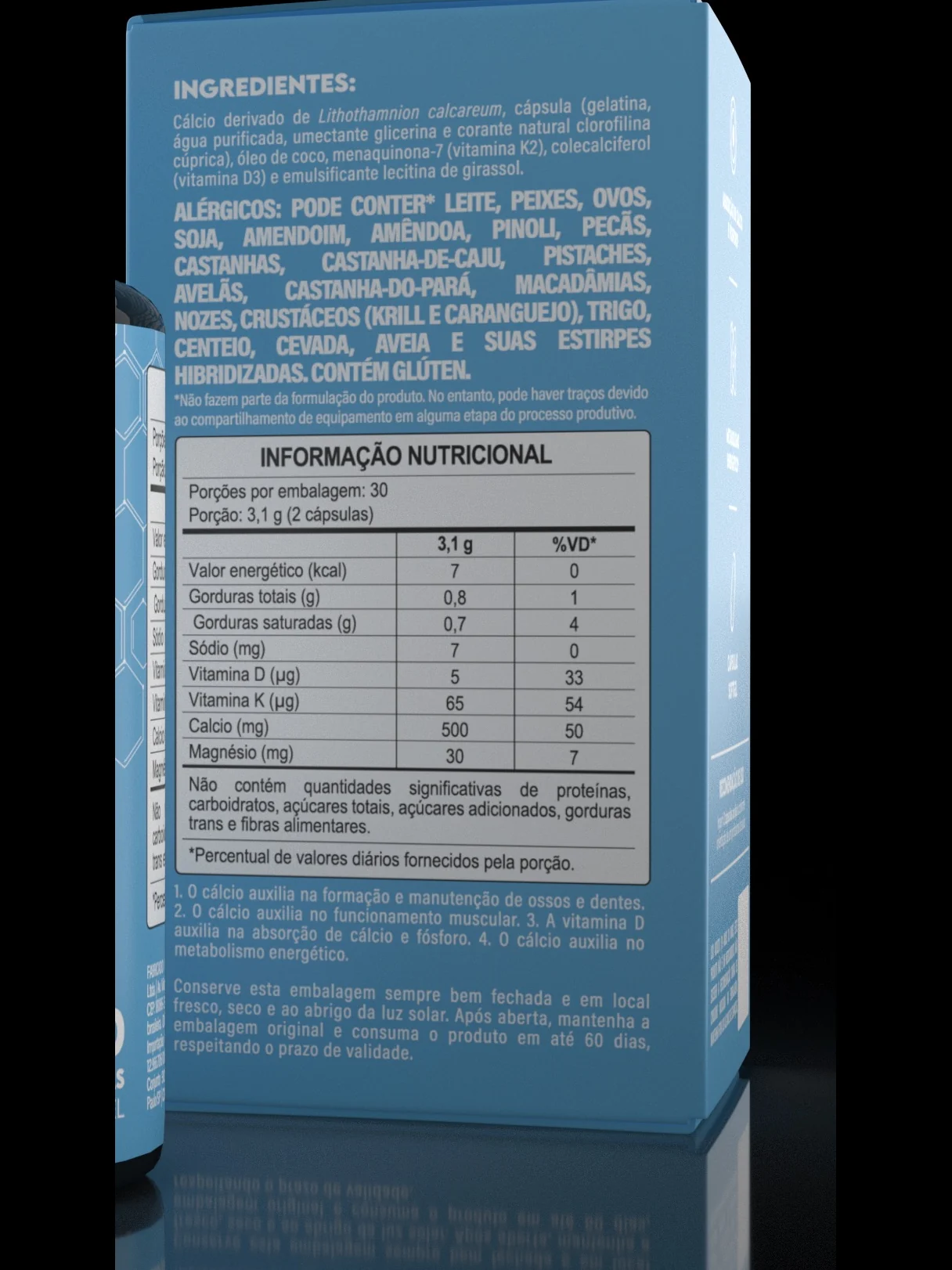 Back panel of the Bio Cálcio carton in detail: ingredient list, allergen warning in capitals and the nutrition information table.