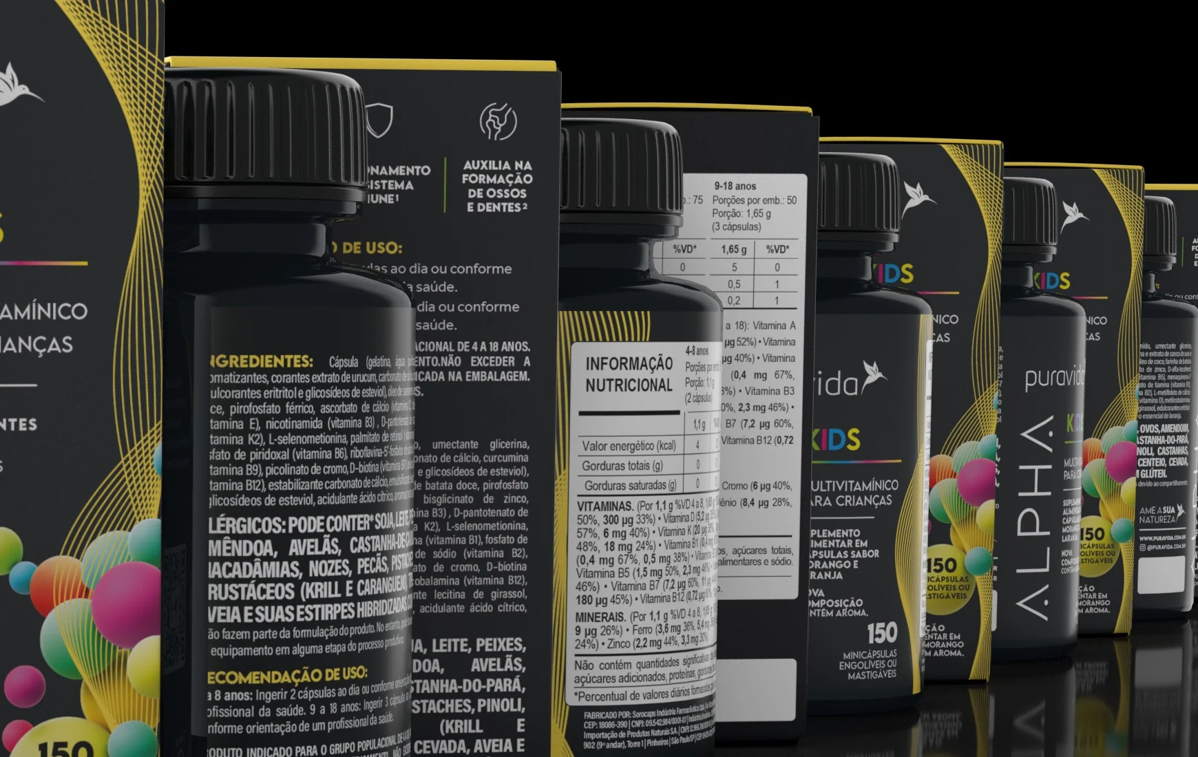 Row of Alpha Kids cartons and bottles receding in perspective, showing the same information panel repeated from SKU to SKU.