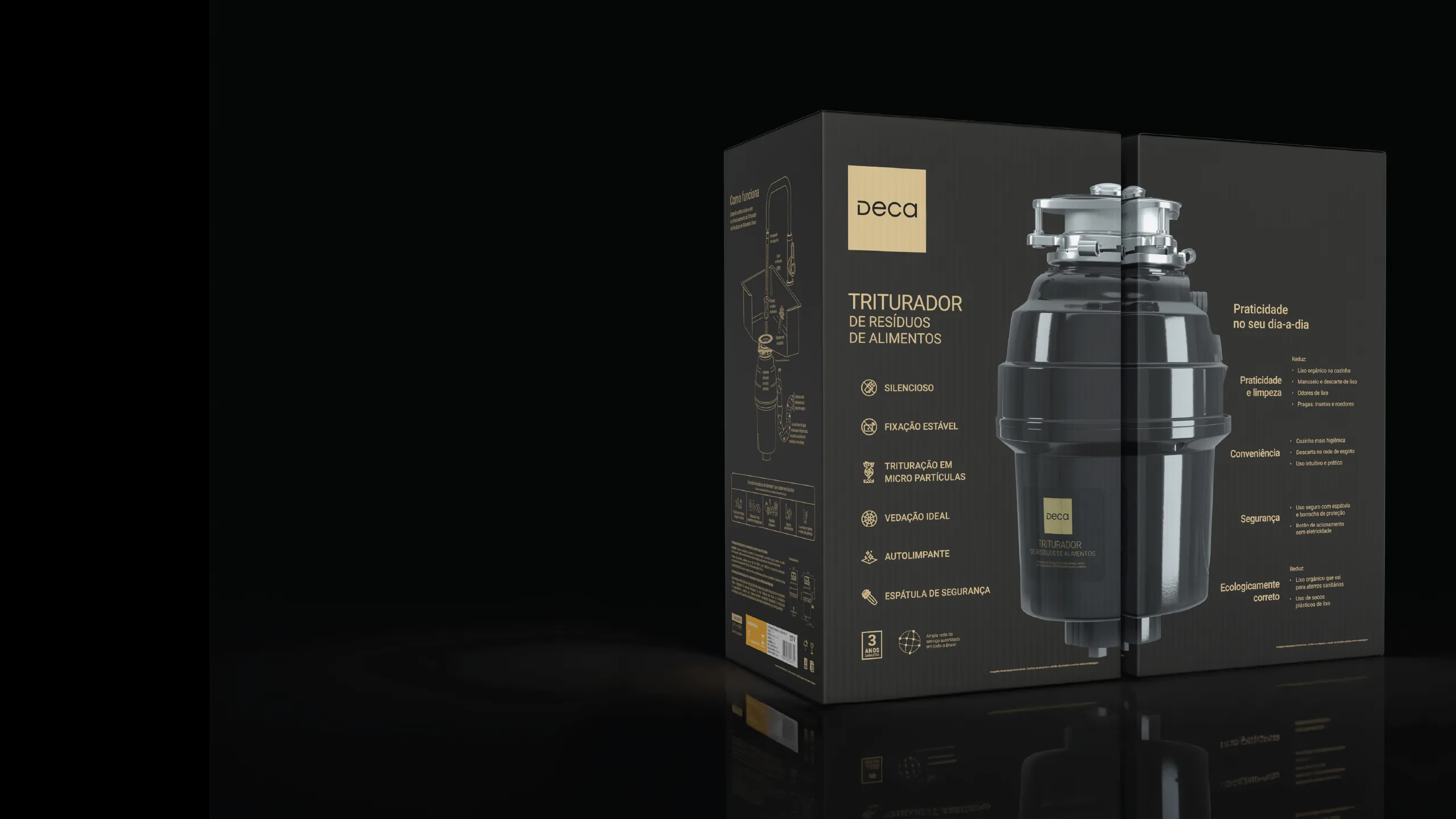Packaging for the Deca food waste disposer, front panel in a dark palette with a photorealistic product render.