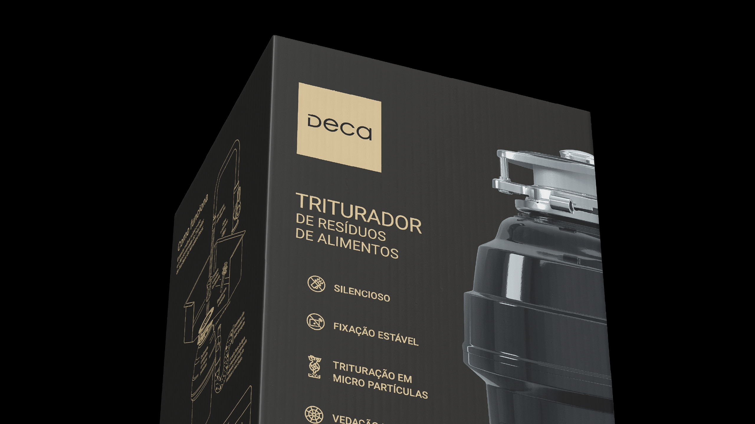 Verpackung des Deca Küchenabfallzerkleinerers, Vorderseite in dunkler Farbpalette mit fotorealistischem Produktrender.