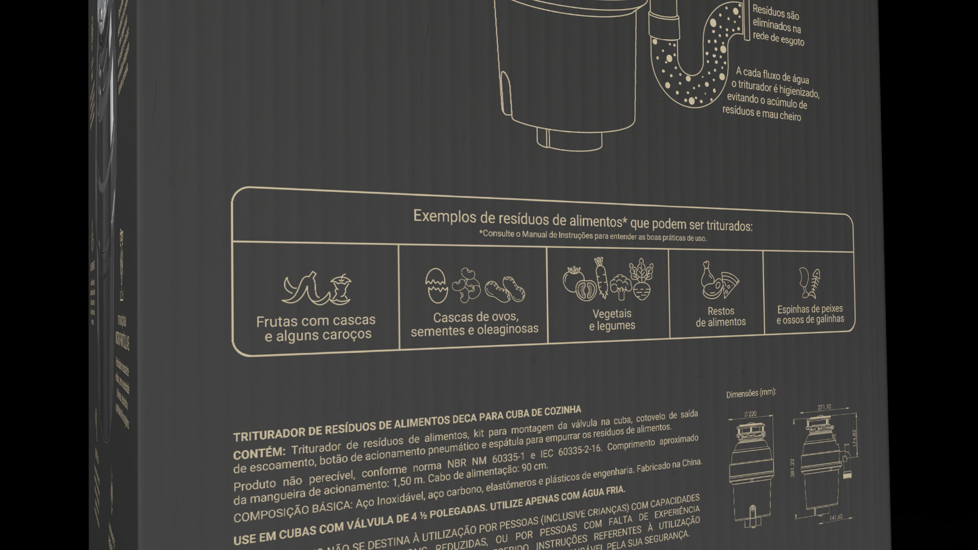 Icon system on the pack showing what can be ground: fruit with peel, eggshells and seeds, vegetables, leftovers, fish bones and chicken bones.