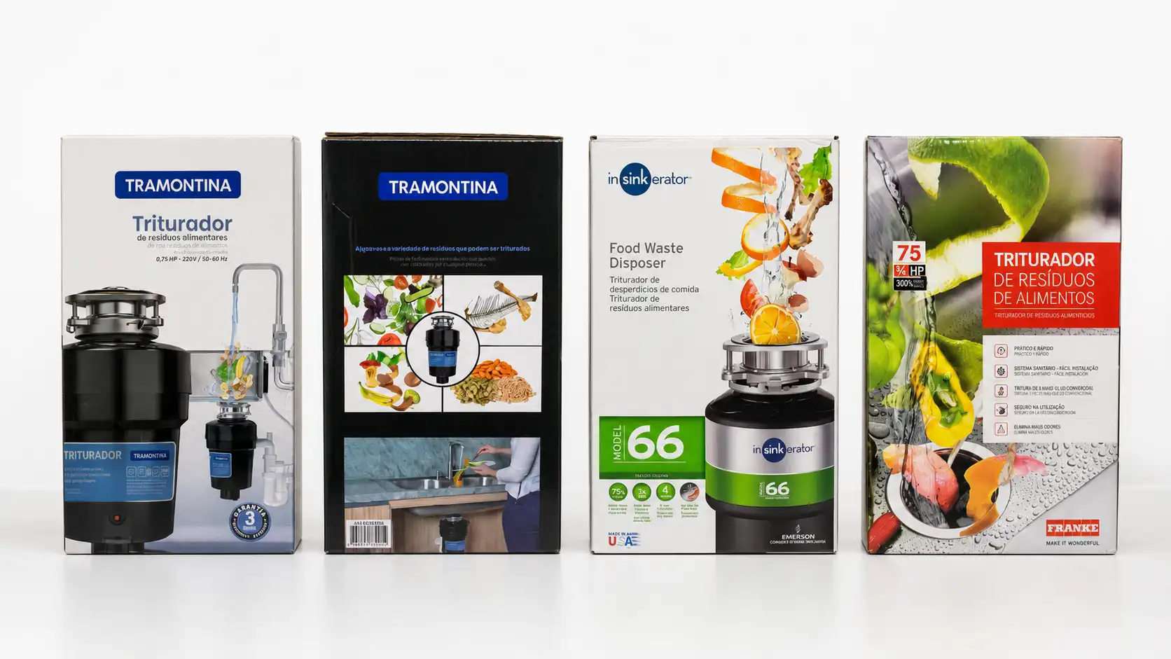 The four competitors photographed side by side: two Tramontina packs, one InSinkErator and one Franke, all in a light box, with a photo of food waste floating above the unit or spread across the sink.